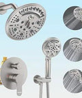 Brushed Nickel Dual Shower System With 12 Inch Ceiling Mount Rain Head And 6 Inch Rain Head Plus Handheld Spray Diverter Valve And Trim Kit