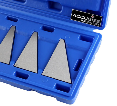 Accusize precision angle block set, three silver metal blocks in a blue carrying case
