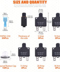 Measurements of DC Push Button Reset Circuit Breaker Kit 30 Piece Assortment With Waterproof Button Caps And Quick Connect Terminals