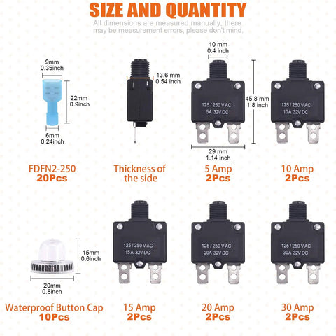 Measurements of DC Push Button Reset Circuit Breaker Kit 30 Piece Assortment With Waterproof Button Caps And Quick Connect Terminals
