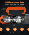 Top Rated Portable Electric Rebar Cutter For 4To22mm Steel Bars showing pure copper motor interior, hydraulic mechanism for efficient cutting.
