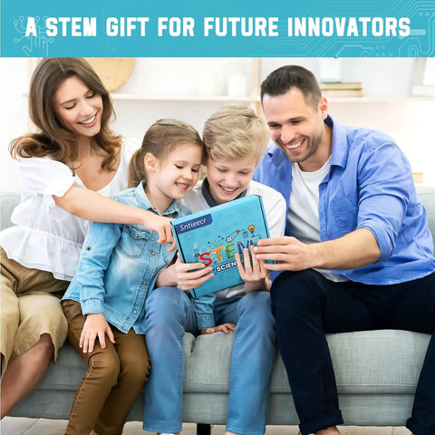 Family enjoying 276 Piece DC Motor Kit For DIY Science Projects With Motors LED Light Vanes Propellers Battery Holder