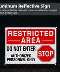 Step Up Site Security With Heavy Duty Reflective Aluminum Warning Signs Bold Restricted Area And Do Not Enter Text Shields Authorized Personnel Only Areas Rugged Waterproof Plates Measure 14 By 10 Inches Zero Sweat Hang Indoors Or Outdoors with red reflective lettering.