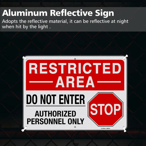 Step Up Site Security With Heavy Duty Reflective Aluminum Warning Signs Bold Restricted Area And Do Not Enter Text Shields Authorized Personnel Only Areas Rugged Waterproof Plates Measure 14 By 10 Inches Zero Sweat Hang Indoors Or Outdoors with red reflective lettering.