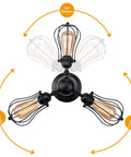 Vintage Wire Cage Semi Flush Mount Ceiling Light showing 180-degree rotation in black metal fixture with 3 lights.