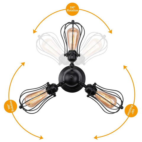 Vintage Wire Cage Semi Flush Mount Ceiling Light showing 180-degree rotation in black metal fixture with 3 lights.