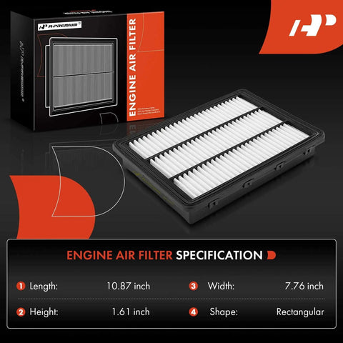 Engine Air Filter For Hyundai Tucson And Kia Sportage with box, dimensions 10.87 x 7.76 x 1.61 in, rectangular shape.