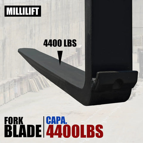Built Like A Tank Job Site Ready Straight Up Heavy Duty Workhorse Sixty Inch Forged Pallet Fork Blades 4400 Lb Capacity ITA Class II Hook Style Replacement Forks For Forklifts Skid Steers And Tractor Loaders Pair - close-up of a 4400 lb capacity fork blade.