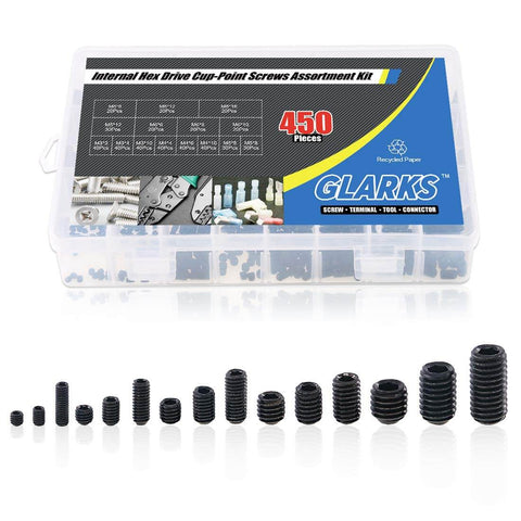 450Pcs M3 M4 M5 M6 M8 Allen Head Socket Set Screws Kit Pro Grade Heavy Duty Internal Hex Grub Screws 12 9 Class Black Oxide Alloy Steel Rust Resistant Assortment For Machinery Automotive DIY Projects in plastic case with various screw sizes displayed outside