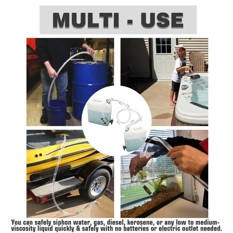 No Hassle Six Foot Fuel Siphon Hose With One Half Inch Brass Shaker Valve And Clear High Grade Pvc Tubing showcased in multiple uses.