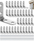 Heavy Duty Stainless Steel L Brackets Set With Screws, 100 Pack 90 Degree Corner Braces shown with screws and joint use.