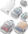 Large Compression Packing Cube Set With See Through Mesh For Travel Organizers, white cubes with clothes, shoe, and laundry bags.