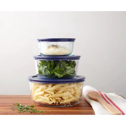 Glass Food Storage Containers Set With Lids 3 Pack 2 Cup 4 Cup 7 Cup BPA Free Microwave Safe Dishwasher Safe Meal Prep Containers For Leftovers Easy Fridge Organization Grab And Go Ready stacked with food on table.