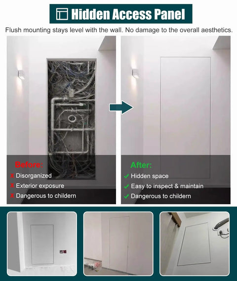 Before and after images of Straight Up Reliable Concealed Access Door For Drywall And Metal 16 By 44 Inch plumbing cover panel.