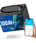 12V 100Ah Bluetooth LiFePO4 Battery For Deep Cycle Power Built To Last Ready To Roll For RVs Trolling Motors Yachts And Solar Setups Ultra Lightweight And Compact With 15,000 Charging Cycles displayed with smartphone app