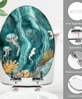 Elongated Resin Toilet Seat for Bathroom with marine design featuring jellyfish and seahorses, size 14.5" x 18.5".