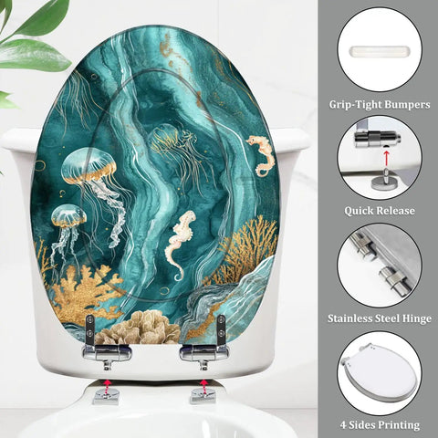 Elongated Resin Toilet Seat for Bathroom with marine design featuring jellyfish and seahorses, size 14.5" x 18.5".