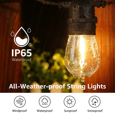 Close-up of a wet LED bulb on 50 Foot Outdoor String Lights With 15 Shatterproof LED Edison Bulbs For Deck Pergola Porch Garden And Gazebo Waterproof Patio Lighting Energy Efficient And Built For Cozy Backyards And Summer Vibes, showcasing IP65 waterproof rating.