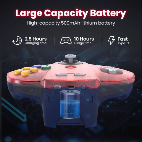 Image displaying a Two Pack Wireless N64 Controller For Switch 1 And 2 And N64 Console Clear Yellow Red Lag Free with battery details.
