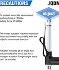 Diagram of Beefy 40 Inch Stroke Linear Actuator with 8000N 1700 Lbs Lift Capacity 12V DC highlighting usage precautions and specifications.
