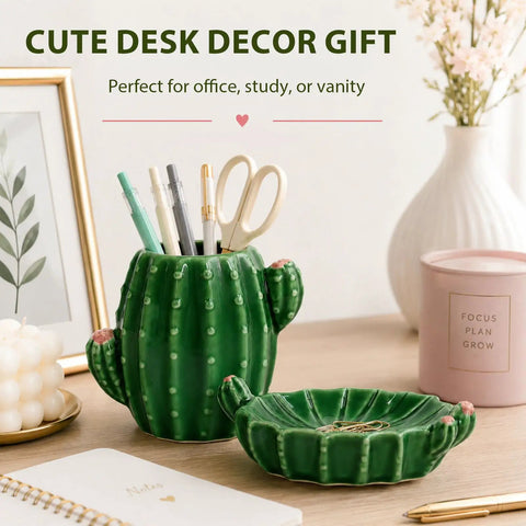Cactus Desk Organizer Set With Ceramic Pen Holder And Paper Clip Holder For Women on wooden desk with decor items