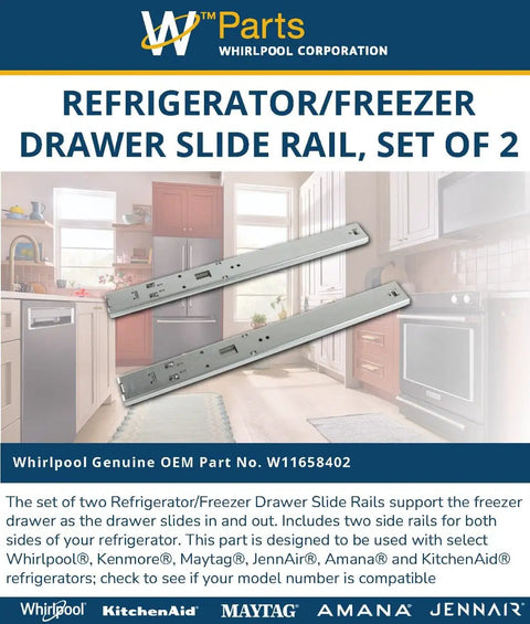 Hella Durable Genuine OEM Refrigerator And Freezer Drawer Slide Rail Set Of Two Smooth Glide Replacement Track in kitchen setting.