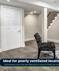 Basement with chair and door showing Circulator Switch With Hourly Fresh Air Timer For Ceiling And Wall Vent Fans Auto Countdown