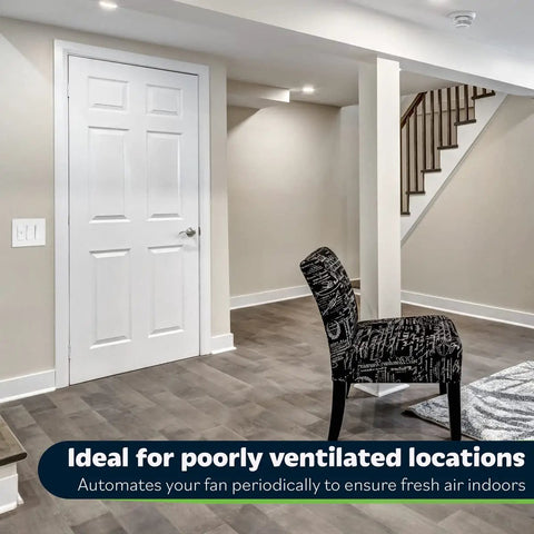 Basement with chair and door showing Circulator Switch With Hourly Fresh Air Timer For Ceiling And Wall Vent Fans Auto Countdown