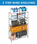 Heavy Duty 5 Shelf Chrome Wire Shelving Unit With 48 Inch Long Shelves, 18 Inch Wide, 72 Inch Tall, Adjustable Height, Easy Assembly, Includes Clips And Hooks, Perfect Garage, Pantry, Or Utility Room Storage System with garage storage items