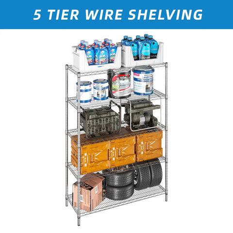 Heavy Duty 5 Shelf Chrome Wire Shelving Unit With 48 Inch Long Shelves, 18 Inch Wide, 72 Inch Tall, Adjustable Height, Easy Assembly, Includes Clips And Hooks, Perfect Garage, Pantry, Or Utility Room Storage System with garage storage items