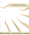 Gold Eyelash Extension Tweezer Set With Diamond Grip For Precision Lashes 6Pcs showing ergonomic arc for volume fan creation.