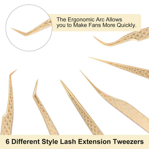 Gold Eyelash Extension Tweezer Set With Diamond Grip For Precision Lashes 6Pcs showing ergonomic arc for volume fan creation.