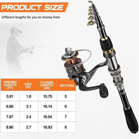 Telescopic Fishing Rod And Reel Full Kit With Carrier Case Carbon Fiber Pole size chart showing length options and sections