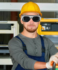 Heavy Duty Welding Safety Glasses And Protective Goggles 10 Pack Featuring Auto Darkening Lenses worn by a worker with yellow hard hat.