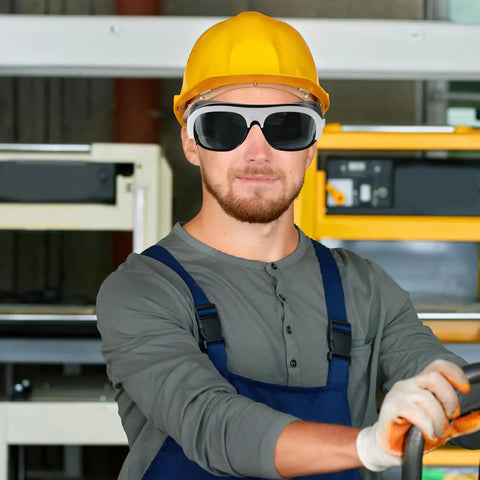 Heavy Duty Welding Safety Glasses And Protective Goggles 10 Pack Featuring Auto Darkening Lenses worn by a worker with yellow hard hat.