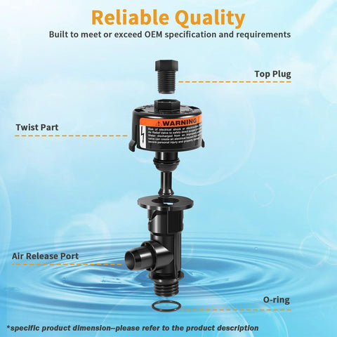 Front view of black plastic high-flow manual relief valve assembly for pool filter with air release port and O-ring
