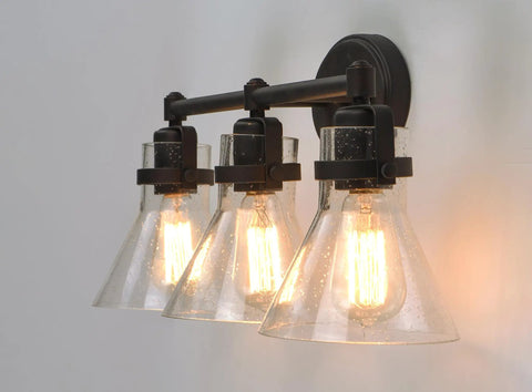 Seafarer 3 Light Bath Vanity Light in Oil Rubbed Bronze Steel Finish with Seeded Glass Shades, Dimmable, Side View