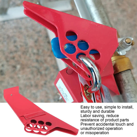 Heavy Duty Ball Valve Lockout Device For Industrial Piping Safety And Padlock Mount Suitable For Dn8 To Dn50 Pipes on a metal pipe with padlock.