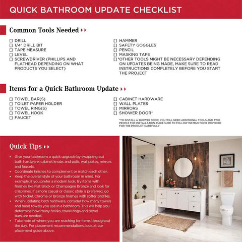 Quick bathroom update checklist with common tools and items needed for a bathroom renovation, featuring tips and a modern bathroom example.