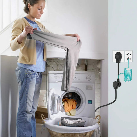 Woman using No Fuss Dryer Plug Converter Adapter 14-30R Female To 10-30P Male With Ground Wire in laundry room.