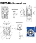 NMRV040 worm gear reducer, 20:1 ratio, RV40 metal gearbox; blue aluminum housing with mounting holes, technical drawings