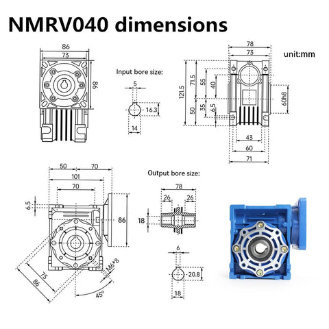 40 To 1 NMRV040 Worm Gearbox Reducer for Nema 34 Stepper and Servo Motors dimensions and diagram