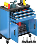 No Brainer Heavy Duty Rolling Tool Chest With Three Spacious Drawers And Double Doors, blue cabinet with tools and storage.