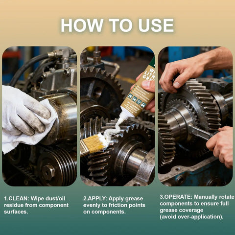 How to use Garage Grade White Lithium Grease for automotive chassis and more EP heavy duty lubricant shown in three steps image