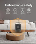 Portable 1500W PTC Space Heater With 70 Degree Rotating Head displayed in a living room with safety features highlighted