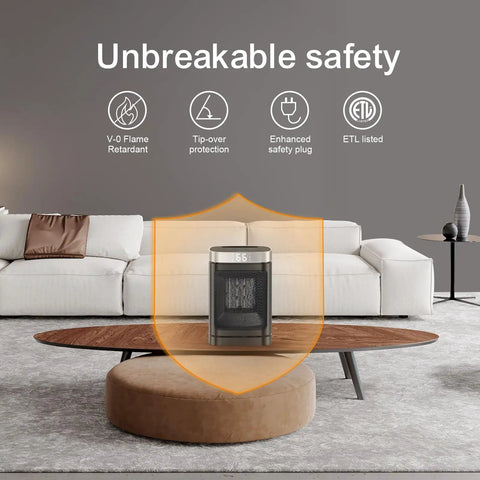Portable 1500W PTC Space Heater With 70 Degree Rotating Head displayed in a living room with safety features highlighted