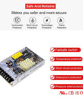 Heavy Duty 24V 150W Switching Power Supply Pushing A Solid 6.5 Amps Low Profile Chassis showing safety features and protections.