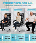 Three people of different sizes sitting in Ergonomic Office Chair With Retractable Footrest And Removable Lumbar Pillow For All Day Comfort High Back Boss Level Executive Computer Desk Chair For Home Office 90 To 135 Degree Recline Thick Bonded Leather Black.