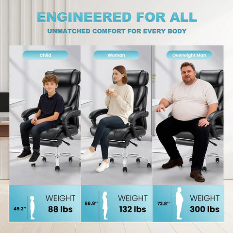 Three people of different sizes sitting in Ergonomic Office Chair With Retractable Footrest And Removable Lumbar Pillow For All Day Comfort High Back Boss Level Executive Computer Desk Chair For Home Office 90 To 135 Degree Recline Thick Bonded Leather Black.