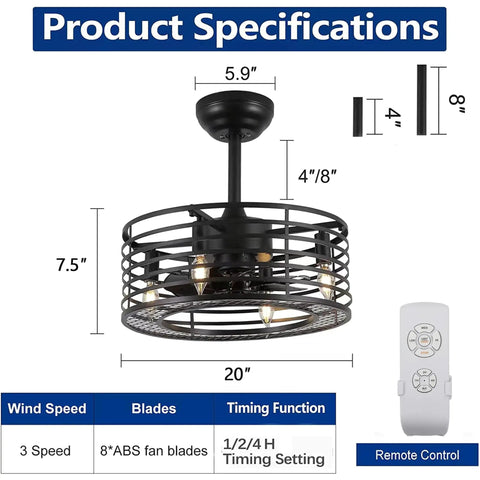 Image showing Dope Retro Cage Ceiling Fan With Lights And Remote, 20 Inch Low Profile Industrial Ceiling Fan With 8 ABS Blades, 3 Speed Settings, 4 E12 Sockets, Bulbs Not Included, Black Iron Finish For Kitchen Or Living Room. Includes product specifications and remote control details.